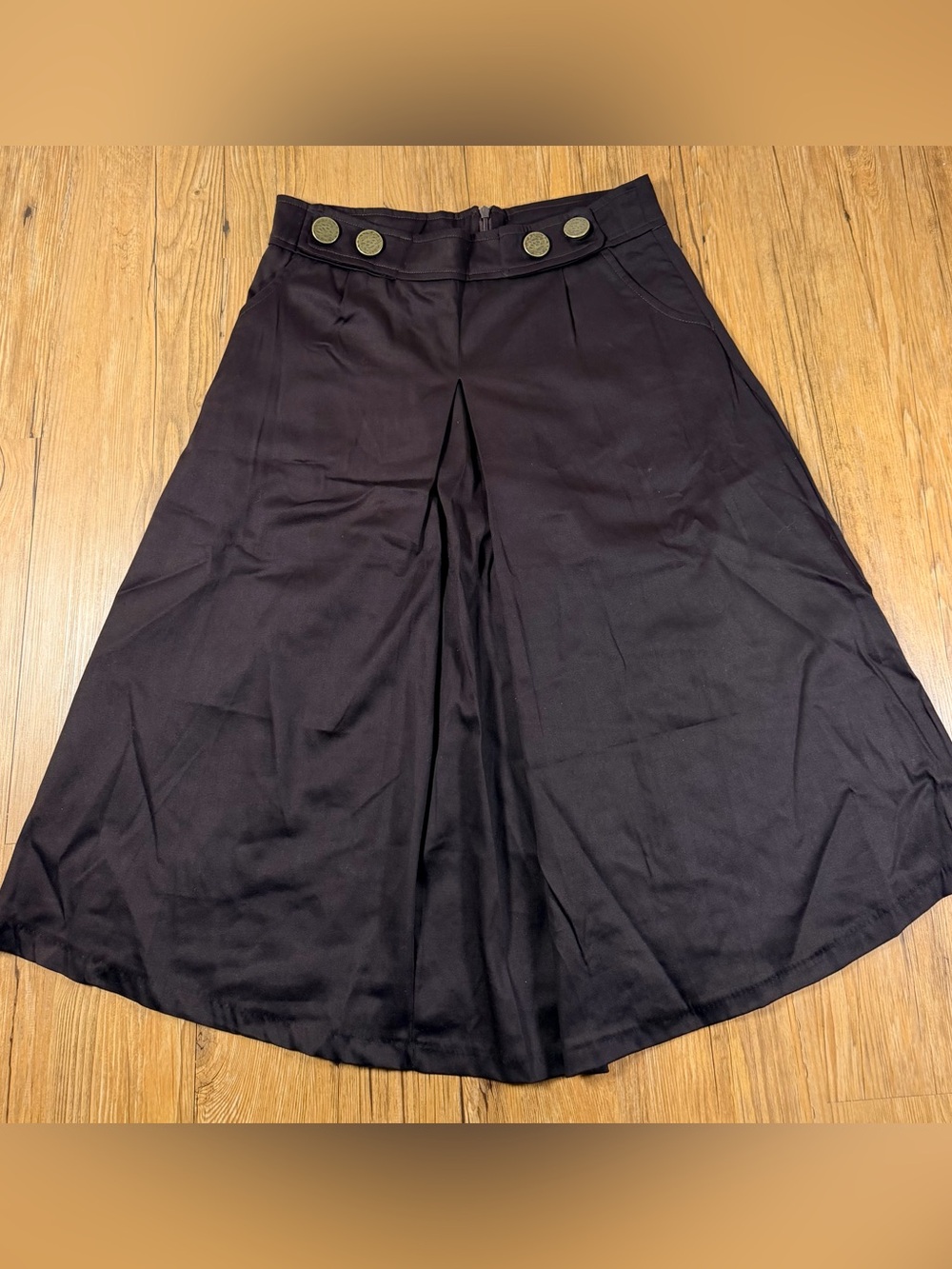 Shabby Apple Brown A-Line Midi Skirt 10/12 Sailor Button Pleated Retro